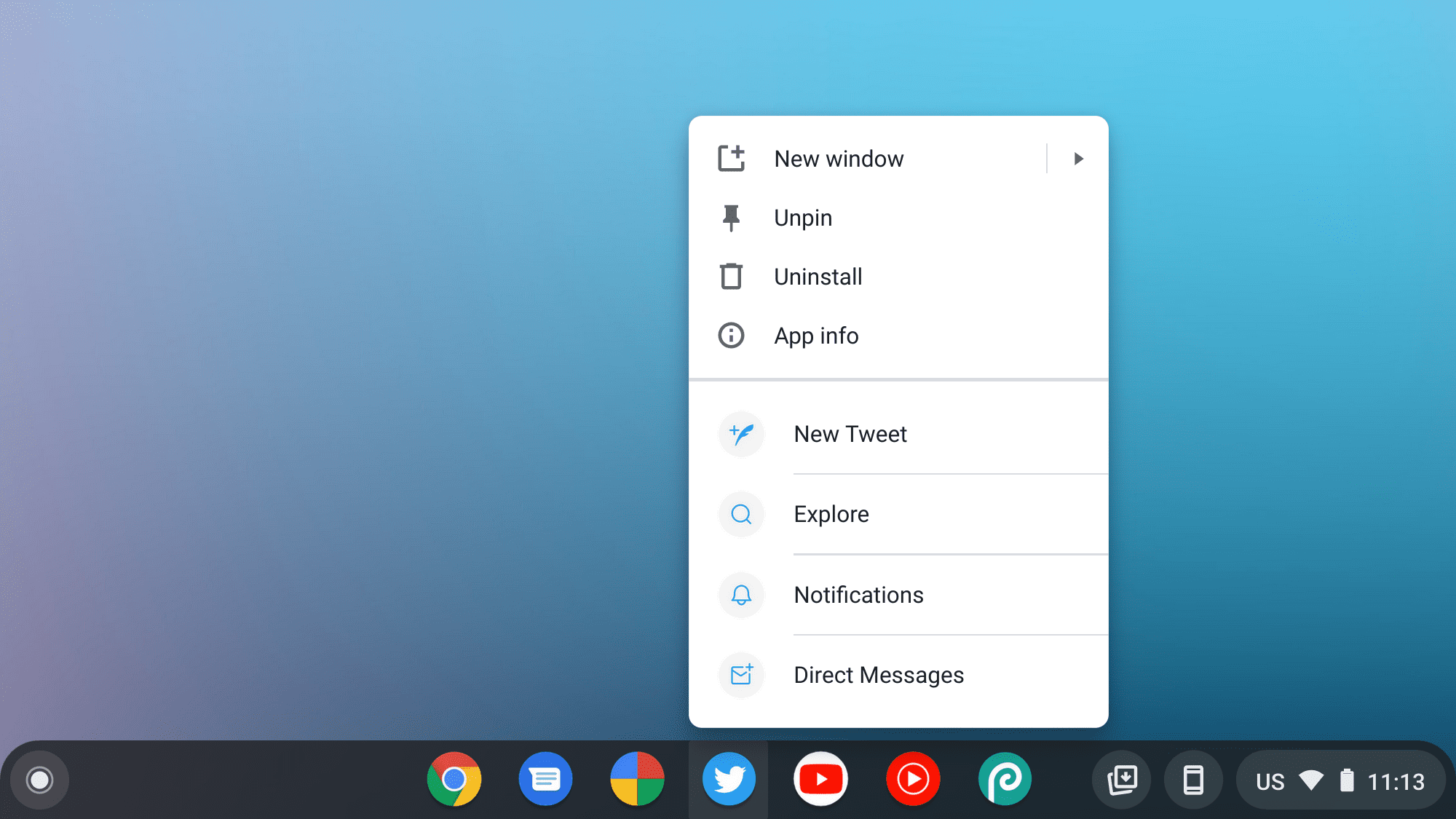 ChromeOS'te açılan bir uygulama kısayolları menüsünün ekran görüntüsü