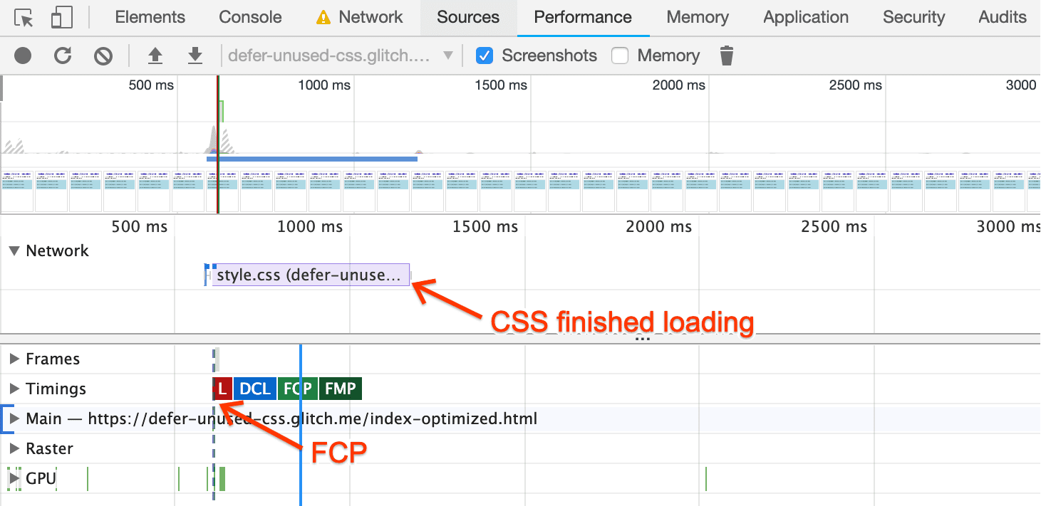 DevTools
performance trace for optimized page, showing FCP starting before CSS
loads.