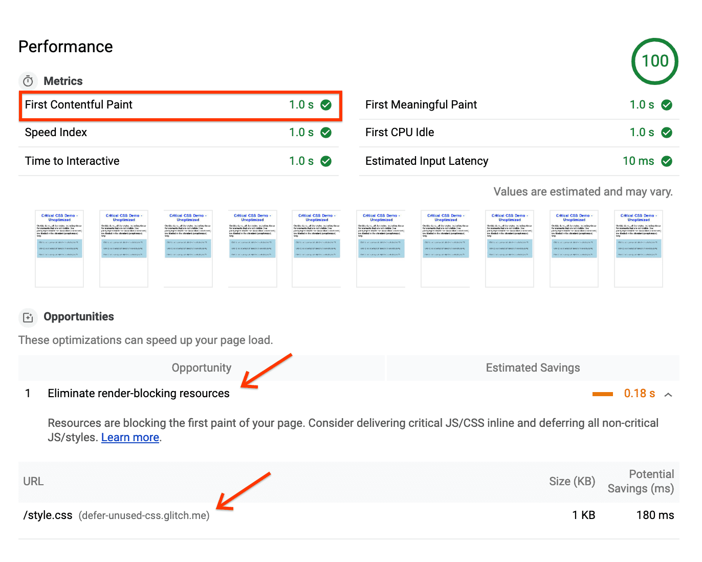 Lighthouse
report for unoptimized page, showing FCP of '1s' and 'Eliminate blocking
resources' under 'Opportunities'