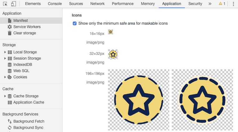 Kenarları kırpılmış PWA simgelerini gösteren DevTools'daki Uygulamalar paneli