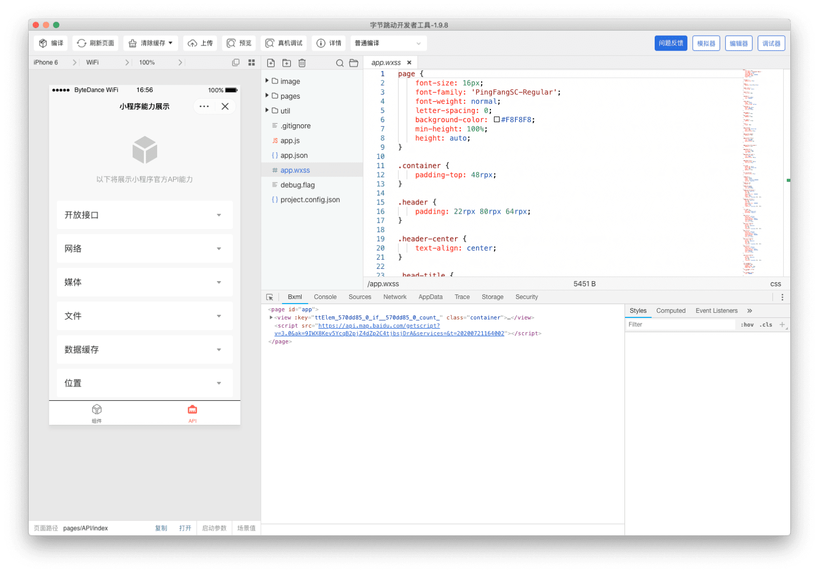 시뮬레이터, 코드 편집기, 디버거를 보여주는 ByteDance DevTools 애플리케이션 창