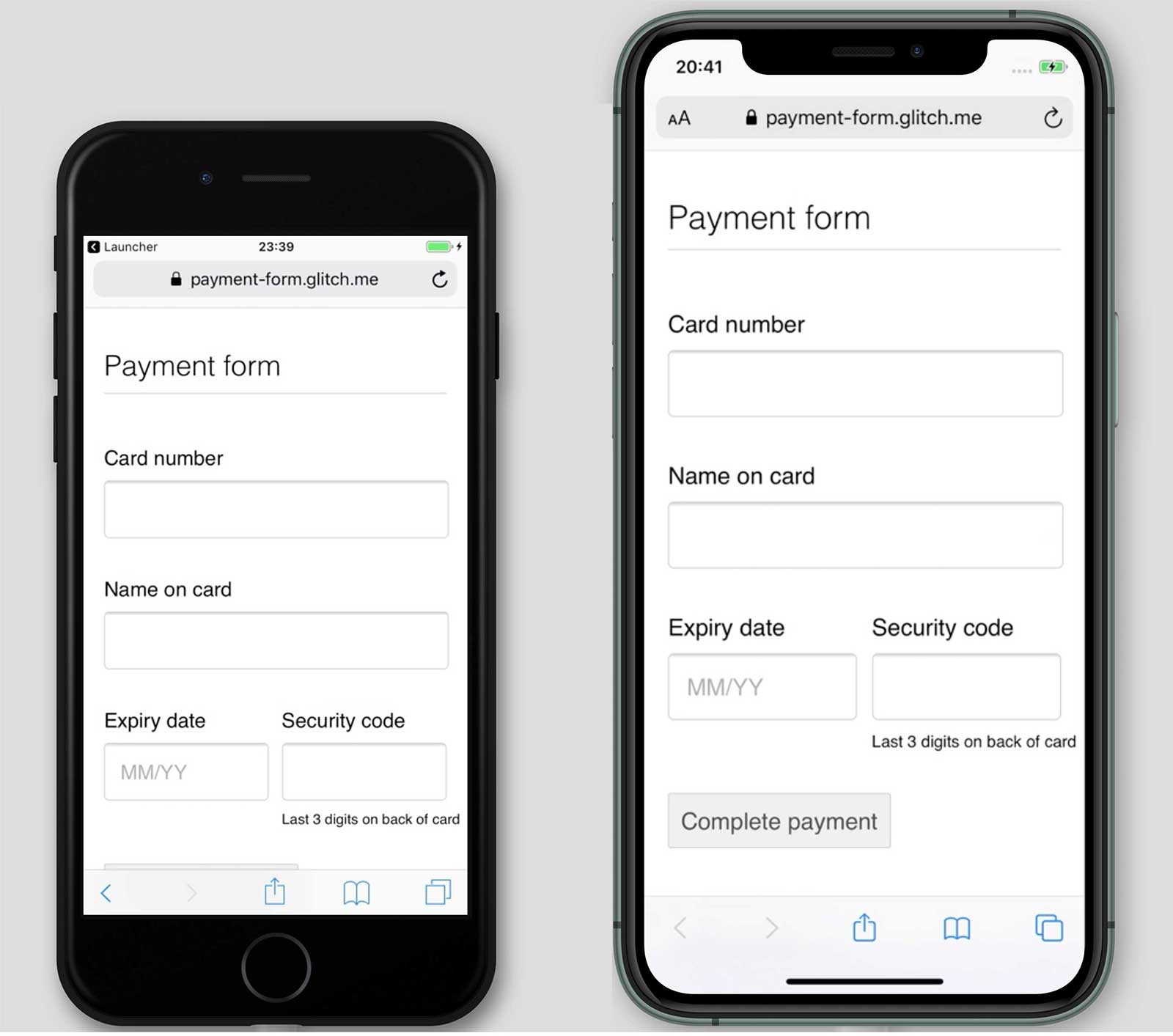 ภาพหน้าจอของแบบฟอร์มการชำระเงิน payment-form.glitch.me ใน iPhone 7 และ 11 ปุ่ม "ชำระเงินให้เสร็จสมบูรณ์" จะแสดงใน iPhone 11 แต่จะไม่แสดงใน iPhone 7