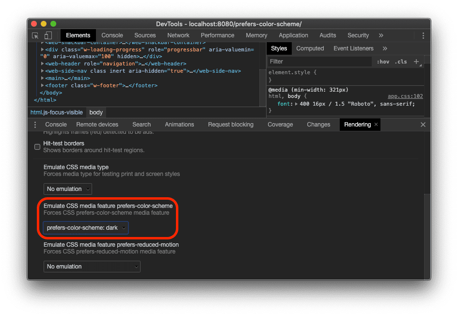 Captura de pantalla de la opción “Emular prefers-color-scheme de la función de medios de CSS” que se encuentra en la pestaña Renderización de Herramientas para desarrolladores de Chrome