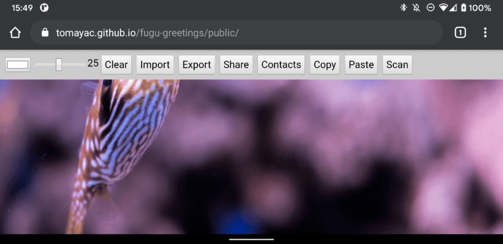 Android Chrome'da çalışan Fugu Greetings'in birçok özelliğini gösteren ekran.