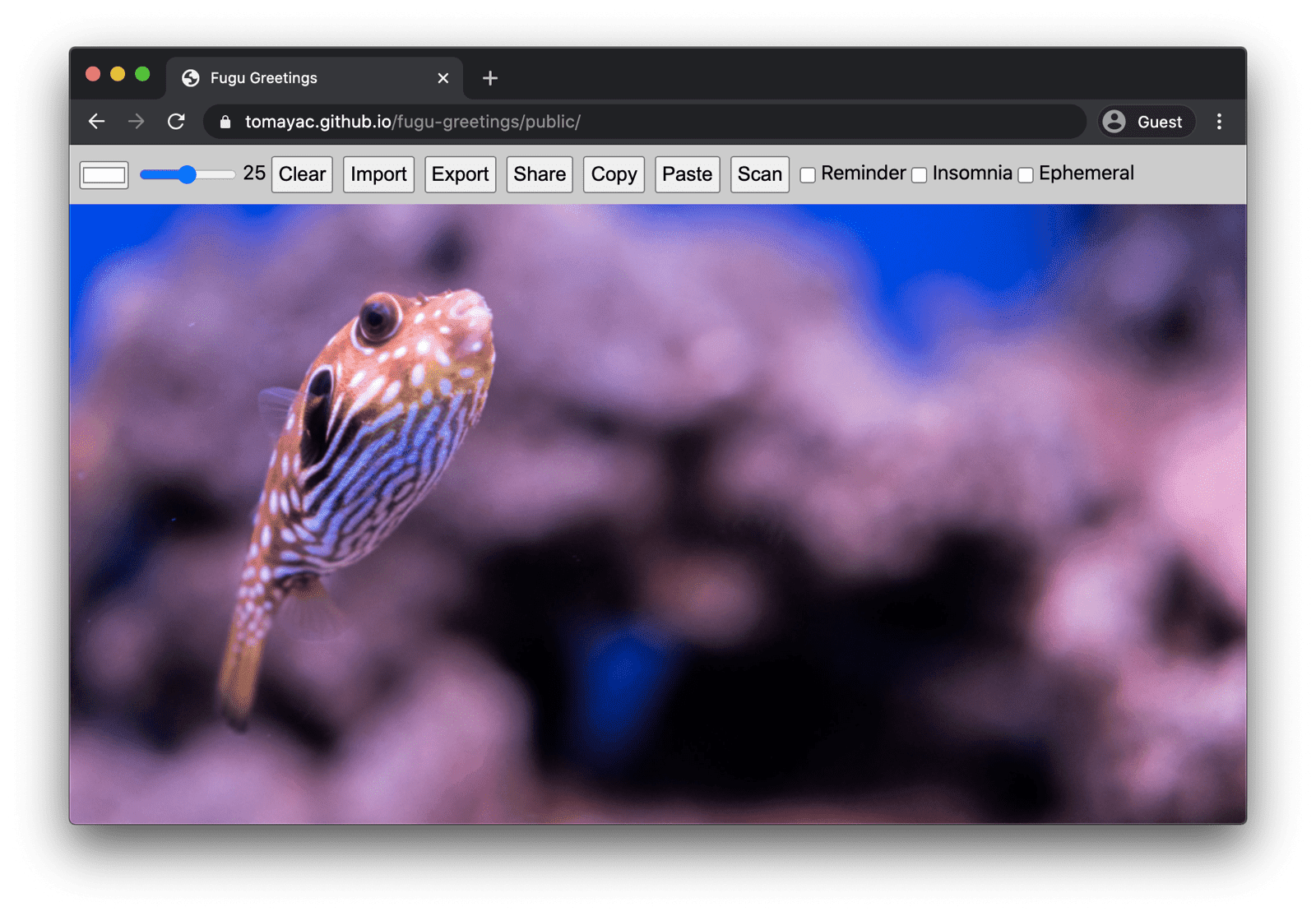 Masaüstü Chrome'da çalışan Fugu Greetings'in birçok özelliğini gösteren ekran.