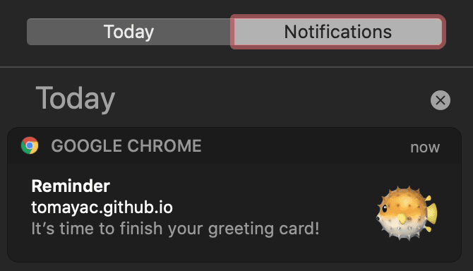 Fugu Greetings'dan gelen bir bildirimin tetiklendiğini gösteren macOS Bildirim Merkezi.