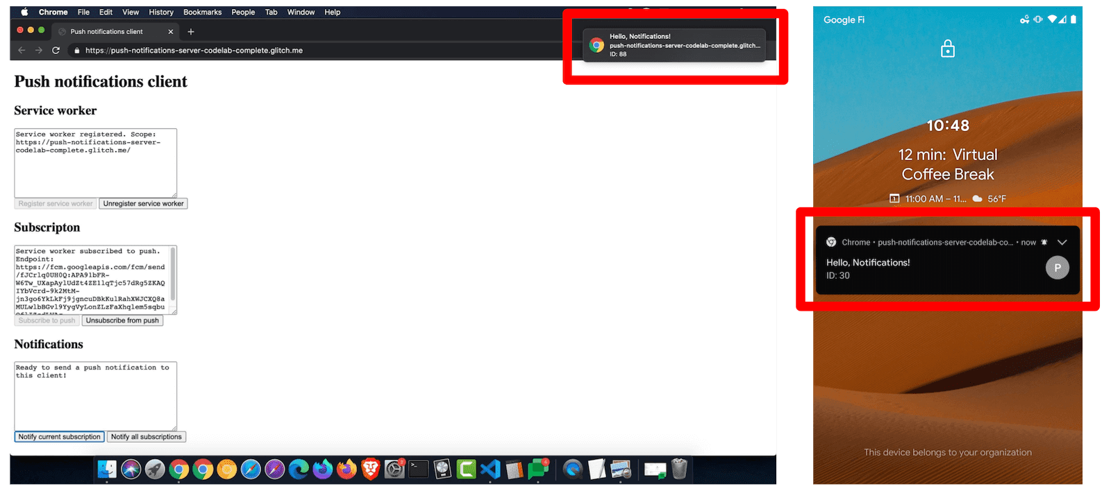 macOS ve Android'deki bildirimler.