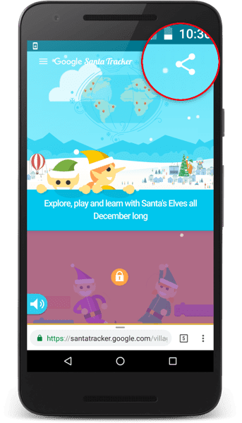 Application Sur la piste du Père Noël avec un bouton de partage.