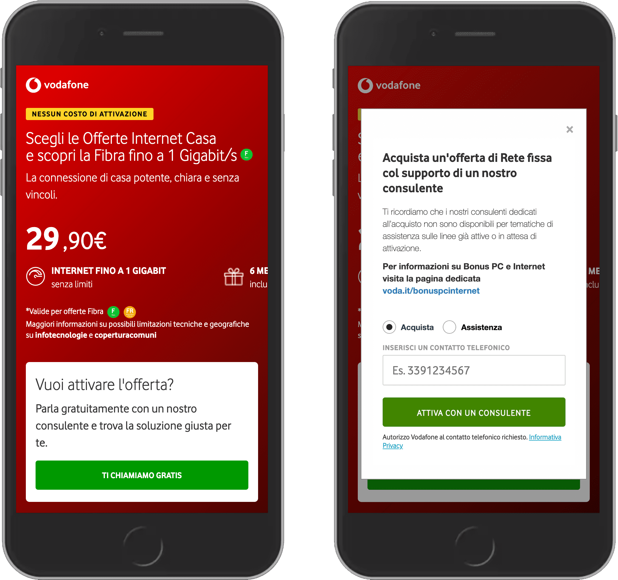 2 zrzuty ekranu ze strony Vodafone.